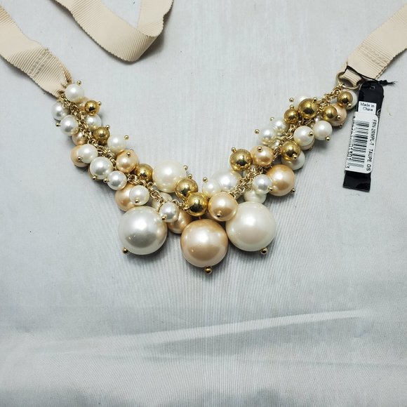 AQUA Faux pearl cluster multi beaded with taupe fabric bib necklace - Picture 5 of 7